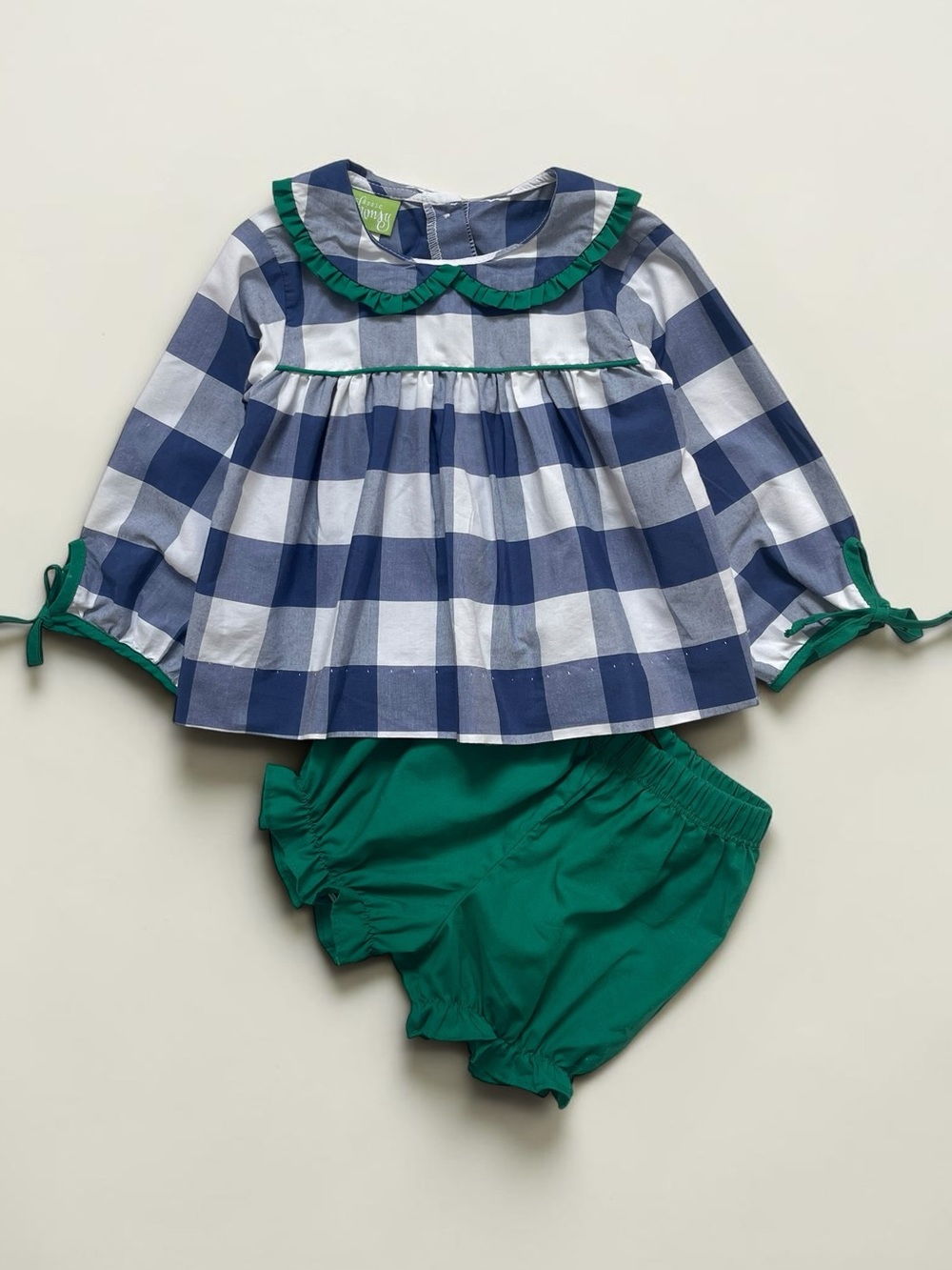 CLASSIC WHIMSY EUC Navy Oversized Gingham Peter Pan Collar Fall Bloomer Set